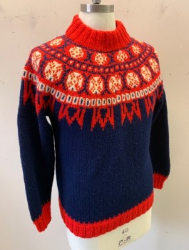 HANDMADE IN DENMARK, Navy Blue, Red, Cream, Wool, Geometric, Thick Hand Knit, Pullover, Ribbed Mock Neck, Long Sleeves,
