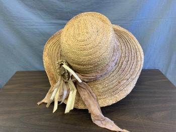 MTO, Tan Brown, Dusty Pink, Straw, 1800s, Made To Order, Pink 'Dotted Swiss' Hat Band with Straw Flower, Aged/Distressed, Dust Bowl, Sharecropper
