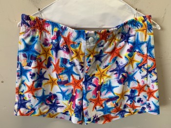 LASC, White, Multi-color, Synthetic, Novelty Pattern, Starfish Print, Elastic Waist, Zipper and Snap,