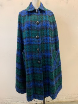 K. ANDERSON, Blue, Dk Green, Black, Wool, Plaid, Peter Pan Collar, Single Breasted, Button Front, 2 Pockets