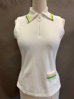 MISS HOLLY, White, Kelly Green, Yellow, Polyester, Solid, Tennis Top, Sleeveless, Zip Neck Polo 1 Pocket, Rib Knit Collar and Pocket Trim
