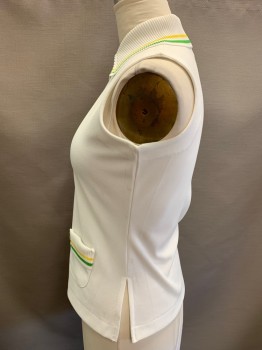 MISS HOLLY, White, Kelly Green, Yellow, Polyester, Solid, Tennis Top, Sleeveless, Zip Neck Polo 1 Pocket, Rib Knit Collar and Pocket Trim