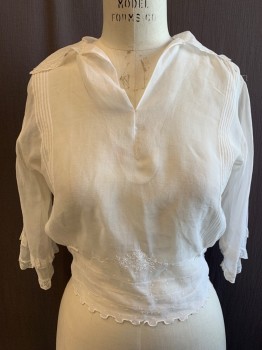 N/L, White, Cotton, Solid, V-neck, Collar Attached with Lace Trim, Elastic Waist, Vertical Pintuck Pleat Sections, 3/4 Sleeves with Ruffle Trim, Swiss Dot Waistband with Faggotting and Floral Embroidery, Square Scallopped Embroidered Hem, Self Attached Back Waist Tie, Hook & Eye Front Waist Belt, Side Seam Slits, *Holes in Front Waistband and Back Near Side Seam, Very Light Pink Stain Center Front Under V-neck*