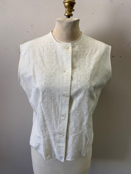 N/L, Cream, Cotton, Solid, Crepe, Neck, Button Front, Sleeveless, Eyelet Print 1"