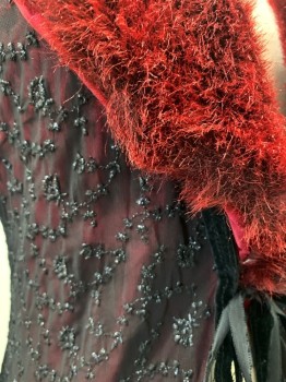 LULU, Wine Red, Polyamide, Solid, Fur Shawl Collar, Black Sheer Net with Floral Embroidery, Black Velvet Ribbon Tie at Front, Fur Cuffs, Ankle Length