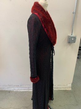 LULU, Wine Red, Polyamide, Solid, Fur Shawl Collar, Black Sheer Net with Floral Embroidery, Black Velvet Ribbon Tie at Front, Fur Cuffs, Ankle Length