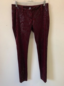 MTO, Maroon Red, Black, Polyester, Synthetic, Reptile/Snakeskin, Pants, Zip Fly, Belt Loops