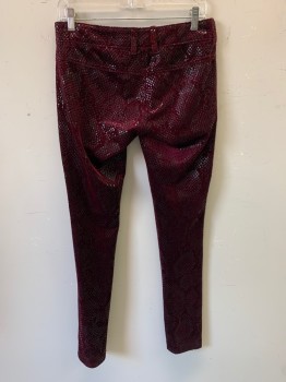 MTO, Maroon Red, Black, Polyester, Synthetic, Reptile/Snakeskin, Pants, Zip Fly, Belt Loops
