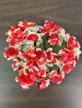 SAKS FIFTH AVE, Cherry Red, Olive Green, Cream, Silk, Mesh Disc with Contrasting Red Velvet Edge, Covered in Silk Flowers, in Fair Condition - Flowers are a Bit Worn