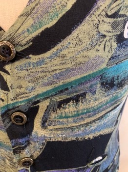 PARAGRAFF, Black, Blue, Green, Gray, Rayon, Abstract , Button Front, 2 Pockets, Back Half Belt