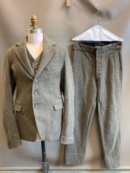 NO LABEL, Gray, Lt Gray, Wool, 2 Color Weave, Boys Jacket, 3 Buttons, Single Breasted, Notched Lapel, 3 Pockets, Distressed