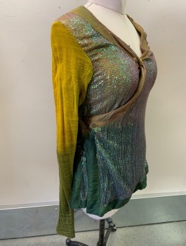 N/L MTO, Lime Green, Yellow, Brown, Cotton, Sequins, Ombre, Sequinned Torso, Ombre Gauze Sleeves, Wrapped Closure with Self Ties, V-Neck, Shantung Silk at Neck, Whimsical Fairy or Elf
