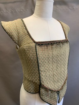N/L, Sage Green, Taupe, Forest Green, Cotton, Diamonds, Dots, Brocade, Cap Sleeve, Square Neck with Beaded and Embroidered Detail at Edge, Forest Green Piping, Tabs at Waist/Hem, Boned Structure, Faux Lace Up Back with Hidden Zipper and Snaps, Theatrical Made To Order Reproduction 1500's **Stain at Front