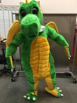 NO LABEL, Green, Faux Fur, Dragon, HEAD Yellow Dots & Spikes, Package Includes, Body, Wings, Gloves And Booties, 5'11" Maximum Height