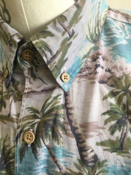 AMERICAN EAGLE, Multi-color, Gray, Blue, Green, Charcoal Gray, Cotton, Hawaiian Print, Tropical , Teched/Overdyed Gray Toned Tropical/Hawaiian Pattern with Palm Trees, Ocean Scene, Etc, Short Sleeve Button Front, Collar Attached, Button Down Collar