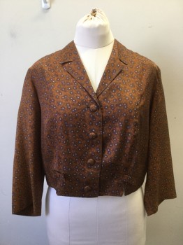 SLIM MAKER, Rust Orange, Olive Green, Purple, Viscose, Floral, 4 Covered Button. Notched Lapel, 3/4 Sleeves. Self Bow Detail at Hem at Panel Line Front and Back