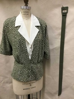 LIZ ROBERTS, Olive Green, Cream, Polyester, Abstract , Solid, Top, Olive W/cream Abstract Print with Cream Notched Lapel Overlap W/snap Front, Short Sleeves W/fold Over Cuffs, Detached BELT:  Olive Reptile, W/self Buckle