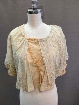 MTO, Taupe, Antique White, Cotton, Lace, Floral, Taupe Brocade Dolman Short Sleeve, Snap Front with Faux Modesty Panel, Passemetrie Trim, Oversized Antique White Scalloped Collar, Stain In Front Left