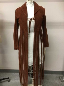 Maxima Wilson, Brown, Suede, Solid, Very Long Self Fringe, Self Tie Front, Long Sleeves, Notched Lapel, Condition = Good   A Few Torn Fringes At Back.