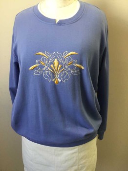 PEMBROOK, Lavender Purple, Gold, White, Cotton, Polyester, Solid, L/S, CN, Slit at CF, White Collar Underneath, Gold Floral Embroidery on Front, Ribbed Knit Collar/Cuff/Waistband