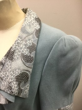 N/L MTO, Slate Blue, Lt Gray, Gray, Charcoal Gray, Wool, Silk, Abstract , Crepe with Self Micro Grid Texture, Light Gray Chiffon Trim with Gray, Charcoal Swirl/Dot Pattern on Collar, Cuffs and Matching Self Belt, Short Sleeves, Puffy Gathered Sleeves with Shoulder Pads, Open Center Front with Hook/Bar Closure at Waist, Hem Mid-calf,  Silk Satin Lining, Made To Order Reproduction, **Comes with Noncoded Belt in Chiffon Fabric