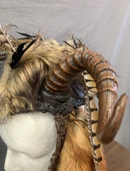 MISS G DESIGNS, Brown, Lt Brown, Leather, Fur, Leather Covered Fascinator with Attached Horns, Fur Pieces, and Feathers, Hanging Fox Tail at One Side, Brown Macrame Straps, Made To Order