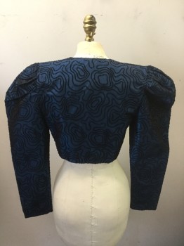 PERSPECTIVE, Iridescent Blue, Black, Rayon, Bolero, Puff Sleeves with Shoulder Pads, Black Flocking in Dotted Shapes Like Drops of Rain in a Pool of Water