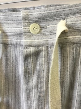 N/L MTO, Gray, White, Dk Gray, Cotton, Stripes - Vertical , Flannel, Large Cream Drawstrings at Waist, 1 Button at Waist, 2 Side Pockets, Made To Order