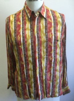 MONDO DI MARCO, Multi-color, Brick Red, Black, Mustard Yellow, Cream, Rayon, Stripes - Vertical , Abstract , Abstract Paint Daubs/Geometric Patterns, Long Sleeve Button Front, Collar Attached, 1 Patch Pocket with Button Closure,