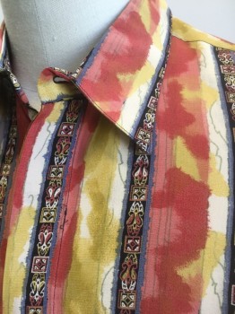 MONDO DI MARCO, Multi-color, Brick Red, Black, Mustard Yellow, Cream, Rayon, Stripes - Vertical , Abstract , Abstract Paint Daubs/Geometric Patterns, Long Sleeve Button Front, Collar Attached, 1 Patch Pocket with Button Closure,