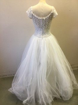 VENUS, White, Polyester, Beaded, Floral, Solid, Zip Back, Strapless Boned Sweetheart Bodice Under Open Floral and Beaded Lace Decolletage, Cap Sleeves, Princess Waist, Floor Length Full Crunchy Tulle Skirt