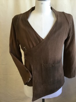 N/L, Brown, Cotton, Polyester, Solid, (AGED) Shinny Brown Lining, Mandarin/Nehru Collar, Wrap Around with 1 Brass Snap Button, 2 Wedges Pad at Shoulder, Long Sleeves, 1 Large Pocket with Matching Brass Snap Button