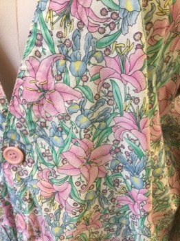 S.C.R.U.B.S., Pink, Green, Lt Blue, White, Lt Yellow, Cotton, Floral, Pink Lily Pattern, Low Cut Button Front, 2 Pockets, Long Sleeves, Lt Pink Ribbed Knit Cuff