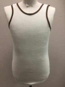 N/L, White, Brown, Nylon, Polyester, Solid, White Mesh with Holed Texture, Brown Ringer Style Edging at Neck and Arm Holes, 1.5" Straps, Scoop Neck