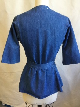 MAVERICK, Blue, Cotton, Solid, (MULTIPLE)  Blue Denim, Wrap-around V-neck, Short Sleeves, 2 Wedge Patch Side Pockets, Short Sleeves, with SELF Detachable Belt