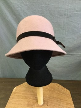 PINS & NEEDLES, Mauve Pink, Dk Brown, Wool, Solid, Modern Day Cloche Like Hat, Mauve with Dark Brown Velvet Ribbon Hat Band