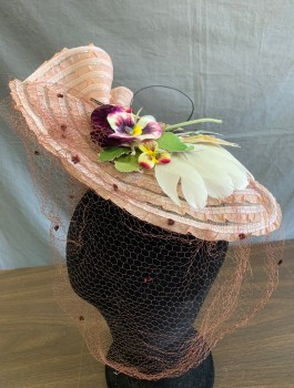 N/L MTO, Lt Pink, White, Multi-color, Horsehair, Silk, Saucer Shaped Fascinator Style Hat, with Light Pink Silk Ruffles on Horsehair Base, Velvet Flowers and White Feather Details, Brown Netting Attached, Asymmetric with Self Ruffle/Flourish to One Side, Made To Order