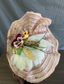 N/L MTO, Lt Pink, White, Multi-color, Horsehair, Silk, Saucer Shaped Fascinator Style Hat, with Light Pink Silk Ruffles on Horsehair Base, Velvet Flowers and White Feather Details, Brown Netting Attached, Asymmetric with Self Ruffle/Flourish to One Side, Made To Order