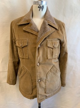 RAFFAELO, Khaki Brown, Leather, Solid, Collar Attached with Khaki Sherpa Trim, Single Breasted, Button Front, 2 Flap Pockets, 2 Slant Waist Pockets,