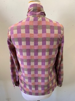 PERSONAL, Tan Brown, Purple, Black, Red, Ivory White, Synthetic, Plaid, Dots, Long Sleeves, Button Front, 7 Buttons, Self Tie Neck, 2 Button Cuffs, Small Gathers at Shoulder