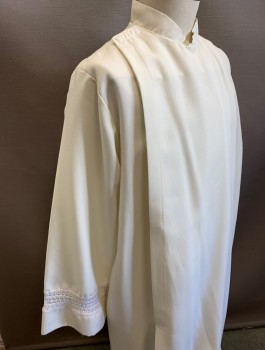 BEAU VESTE, White, Polyester, Solid, Clergical, Long Sleeves, Stand Collar, Crochet Lace Trim at Cuffs and Hem, Wrapped Closure at Front Shoulder, Floor Length
