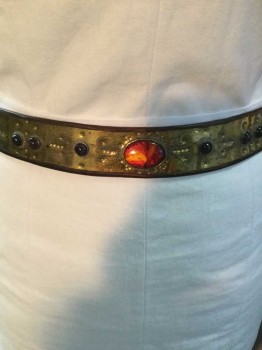 N/L, Dk Brown, Brass Metallic, Black, Red, Yellow, Leather, Metallic/Metal, Dots, Novelty Pattern, Dark Brown Reptile  Belt W/brass Inlay Work Detail W/black Round Stones & Red/yellow Stone in the Middle, 2 Needle Pins & Brown Cord Brass Tube End Closure, See Photo Attached,