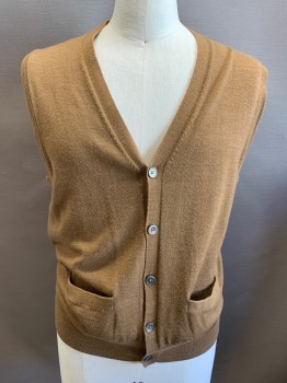BROOKS BROTHERS, Camel Brown, Wool, Solid, Button Front, V-neck, 2 Pockets,