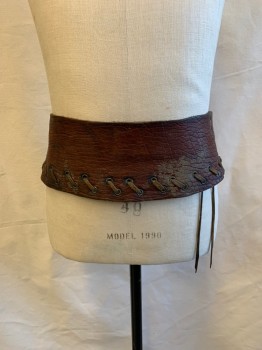 NL, Brown, Leather, Pebbled, Gold Metal Rings, Lace Up, Woven Leather Strips, Grommets, Aged