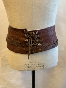 NL, Brown, Leather, Pebbled, Gold Metal Rings, Lace Up, Woven Leather Strips, Grommets, Aged