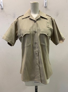 FLYING CROSS, Tan Brown, Polyester, Cotton, Solid, Button Front, Collar Attached, Short Sleeve,  Epaulets, 2 Batwing Flap Pockets, Creases, Badge Holder Patch