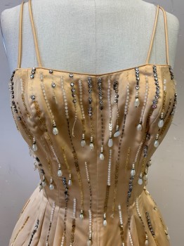 Ceil Chapmn, Gold, Pearl White, Silver, Silk, Diamonds, Double Spaghetti Straps, Beaded Strips with Dangling Tips, Missing Diamonds, Vertical Seams, Back Zipper,