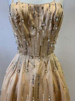 Ceil Chapmn, Gold, Pearl White, Silver, Silk, Diamonds, Double Spaghetti Straps, Beaded Strips with Dangling Tips, Missing Diamonds, Vertical Seams, Back Zipper,