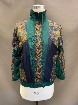 NL, Navy Blue, Goldenrod Yellow, Tan Brown, Leather, Abstract , High Neck, Can Be Folded to Collar, Drawstring at Neck, Zip Front, L/S