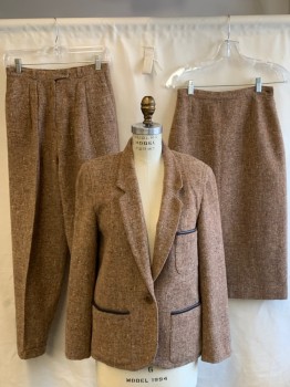 RODIER PARIS, Rust Orange, Brown, Cream, Peach Orange, Taupe, Wool, Leather, Tweed, Notched Lapel, 1 Button Single Breasted, 3 Pckts with Leather Trim